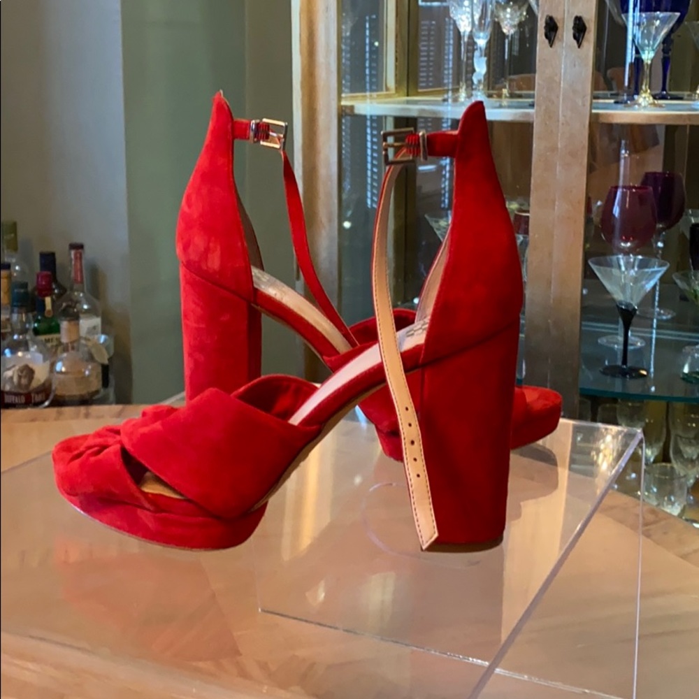 Red suede ankle strap sandal heel